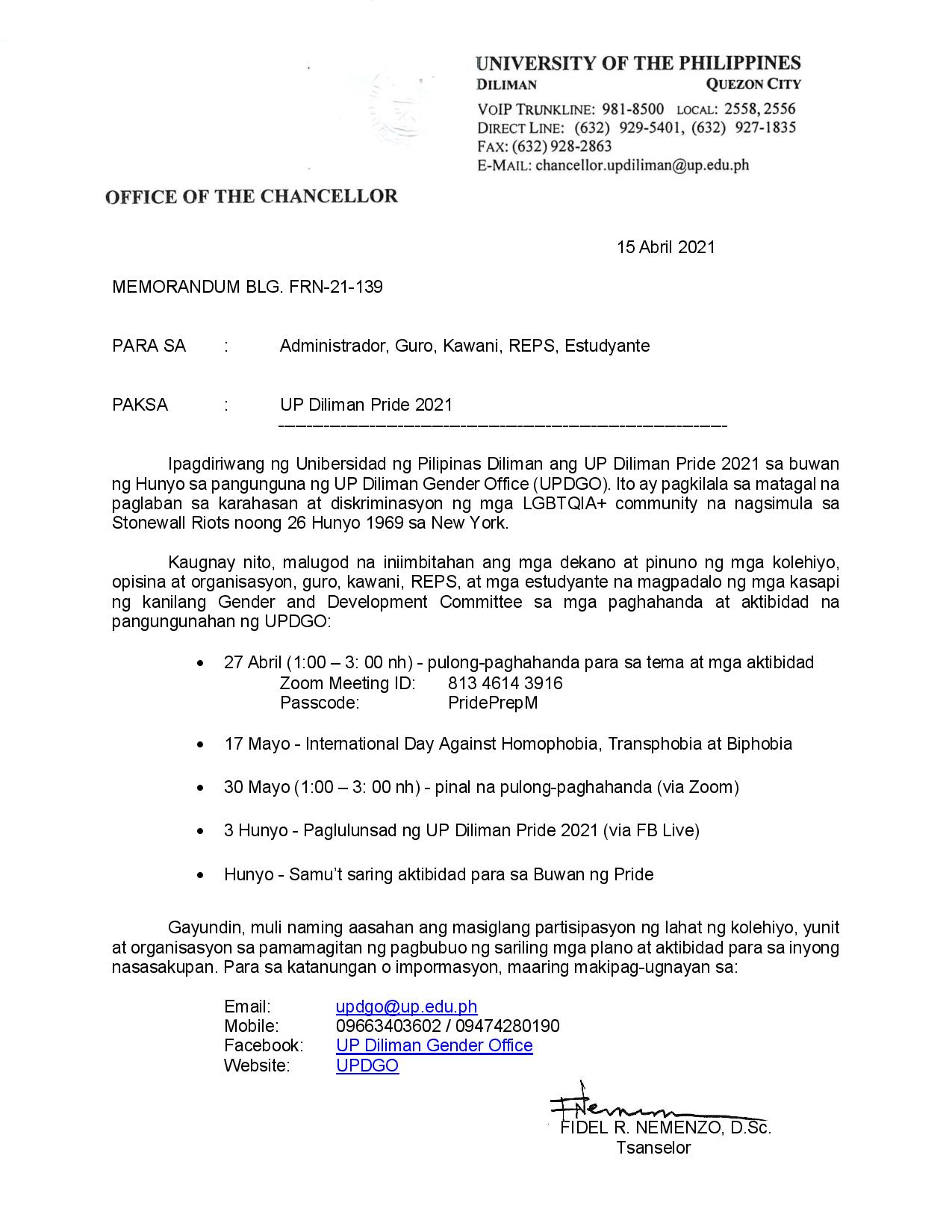 MEMORANDUM BLG. FRN-21-139: UP Diliman Pride 2021